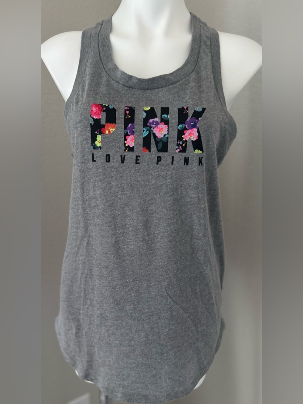 Victoria’s Secret Pink Floral Graphic Logo Open Back Muscle Grey Tank Top Size S